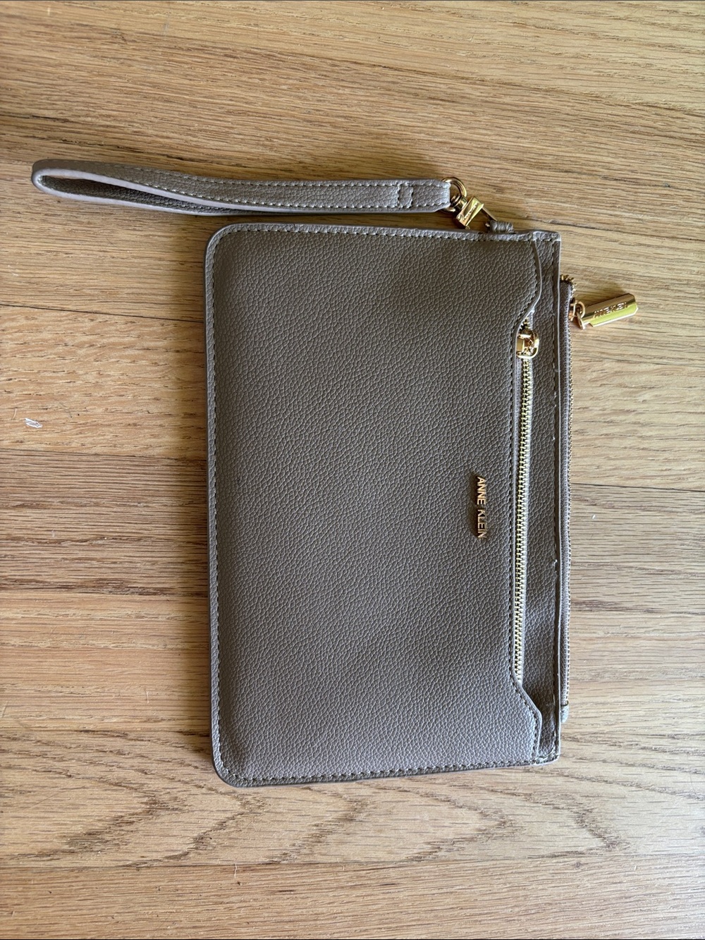 Anne Klein Taupe Leather Zip Wristlet with Gold Hardware